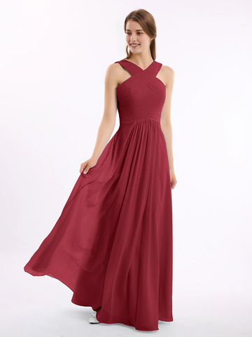 Crisscross Neck Pleated Bodice Flowy Chiffon A-Line Floor-Length Bridesmaid Evening Maxi Dress