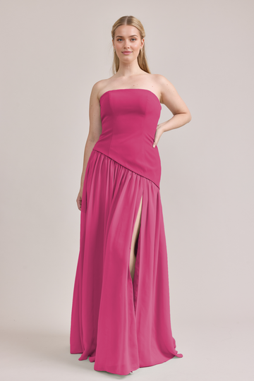 Elegant Strapless Slit Maxi Dress Crepe Chiffon Dress Outdoor Wedding Formal Events Bridesmaid Dresses Evening Gown