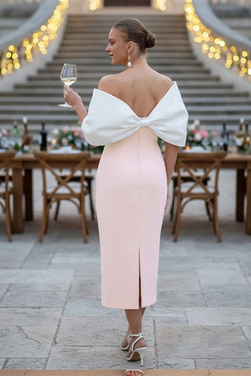 Back view Vedress big bow back split hem off shoulder midi prom dress evening wear