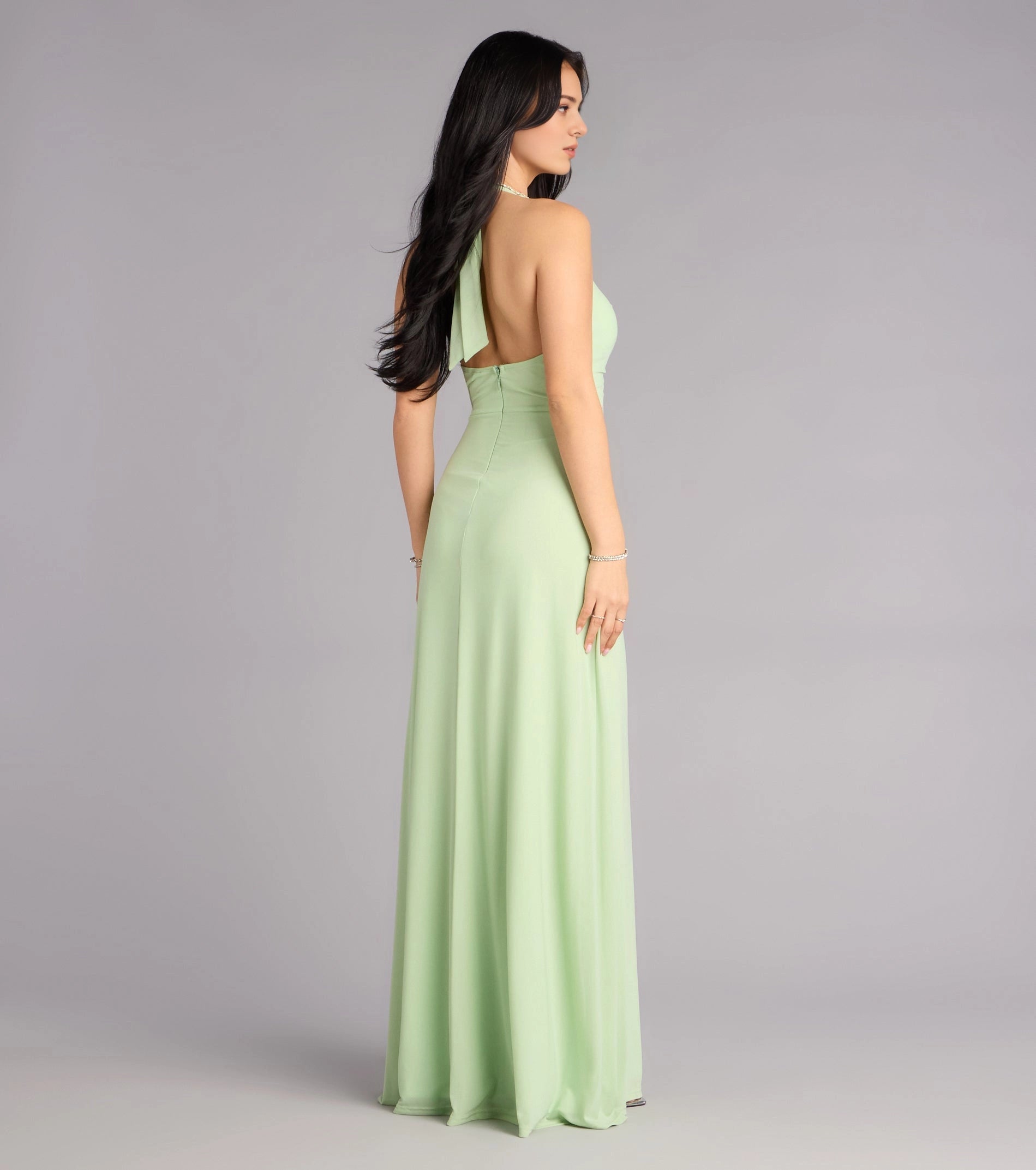 Back view Vedress sage green tie back halter prom dress a-line long formal gown