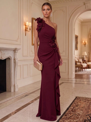 Vedress elegant one shoulder evening dress with 3D floral appliques, fitted sheath silhouette, cascading ruffle detail, and floor-length skirt, front view
