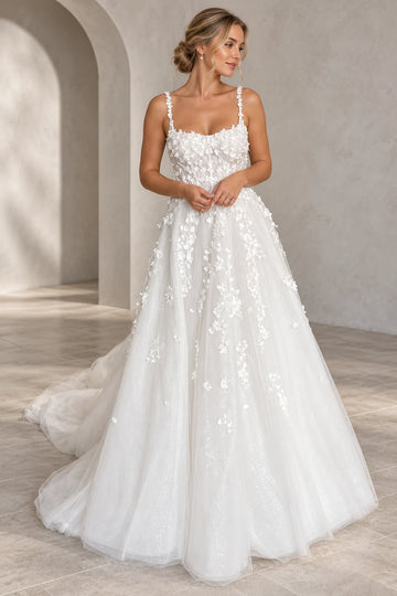 Vedress A-line tulle wedding dress with 3D floral appliques, slim straps, a scoop neckline and a shimmering floor-length skirt, front view