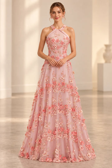 Front view of a Vedress pink tulle A-line prom dress with 3D floral appliqués, a sleeveless halter neckline and a floor-length skirt.