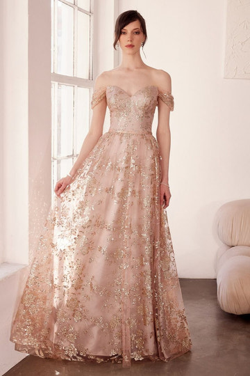 Floral Sequin Off-the-Shoulder Ball Gown - Deep V Formal Prom & Wedding Guest Dress