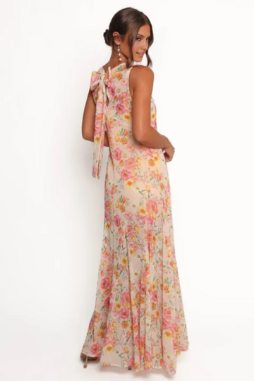 Floral Chiffon Maxi Dress Sleeveless Back Bow Flowy Long Dress for Wedding Guest