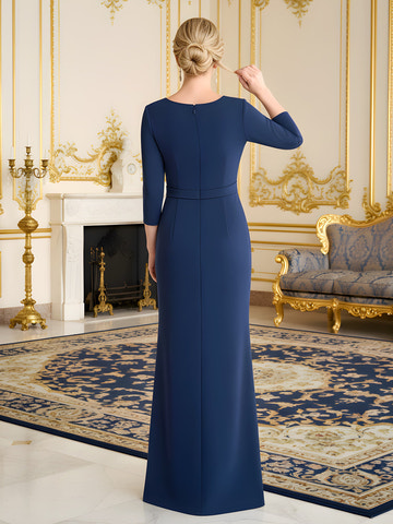Mother of the Bride Dress Elegant Navy Blue V-Neck 3/4 Sleeve Peplum Waist Mermaid Evening Gown