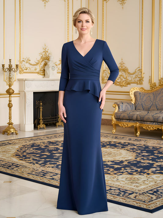 Mother of the Bride Dress Elegant Navy Blue V-Neck 3/4 Sleeve Peplum Waist Mermaid Evening Gown