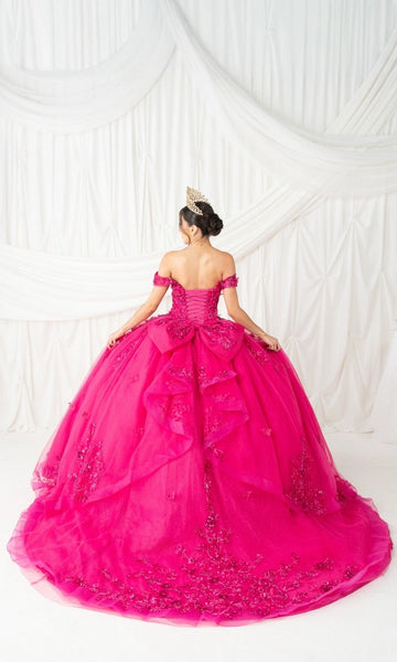 Vedress fuchsia tulle corset‑back quinceanera dress with large layered bow train back view