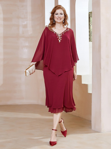 Burgundy V-Neck Beaded Chiffon Dress Cape Overlay Ruffle Hem Midi Mother of the Bride Formal Gown