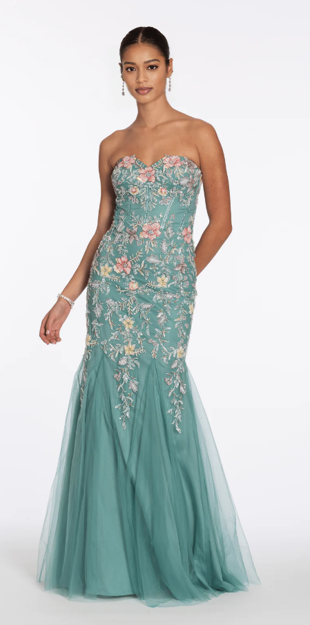 Mermaid Gown Strapless Open Back Floral Embellished Floor-Length Formal Prom Dress