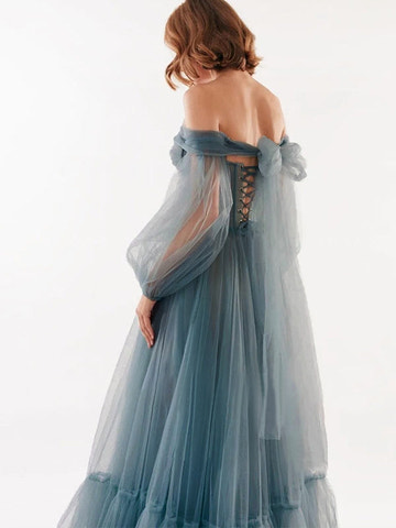 A-Line Off-the-shoulder Sweetheart Floor Length Tulle Prom Dresses Puff Sleeve Lace-Up Maxi Evening Dress