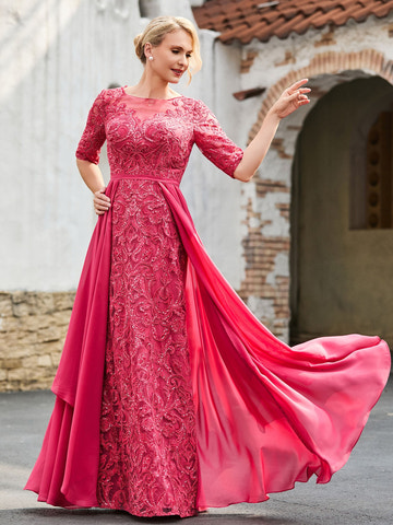 Fuchsia Sheer Neck Elbow Sleeve Dress Lace Appliques Chiffon Overlay Floor-Length Mother of the Bride Formal Gown