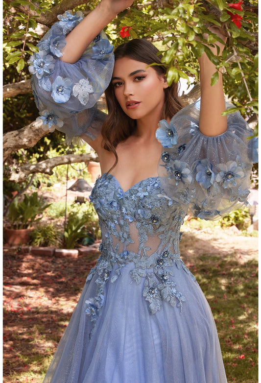 Evening Dresses Off-the-Shoulder Floral Applique Tulle Gown - Sheer Long Sleeve Formal Prom Dress