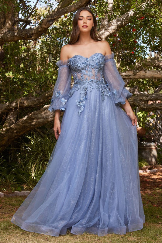 Evening Dresses Off-the-Shoulder Floral Applique Tulle Gown - Sheer Long Sleeve Formal Prom Dress