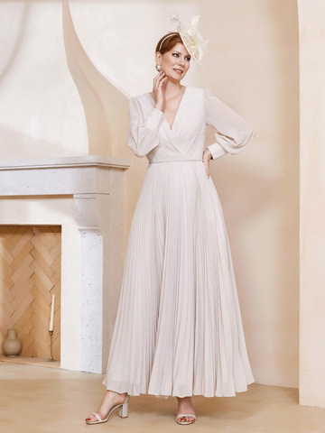 Ivory V-Neck Sheer Puff Sleeve Dress - Pleated Chiffon Mother of the Bride Formal Gown
