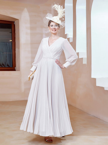 Ivory V-Neck Sheer Puff Sleeve Dress - Pleated Chiffon Mother of the Bride Formal Gown