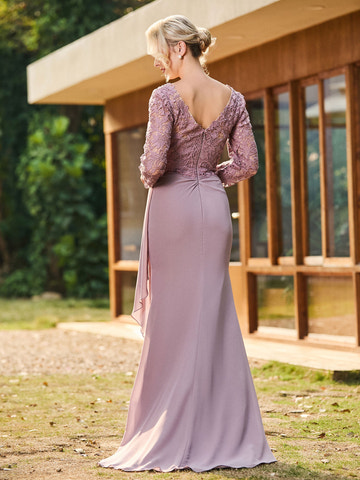 Wedding Guest Formal Gown: Long Sleeve Lace Top Chiffon Skirt Mother of the Bride Dress