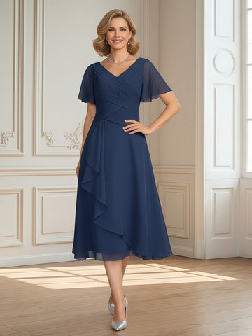 Elegant Navy Blue Mother of the Bride Dress V-Neck Sheer Flutter Sleeves Ruched Waist Chiffon Midi Gown