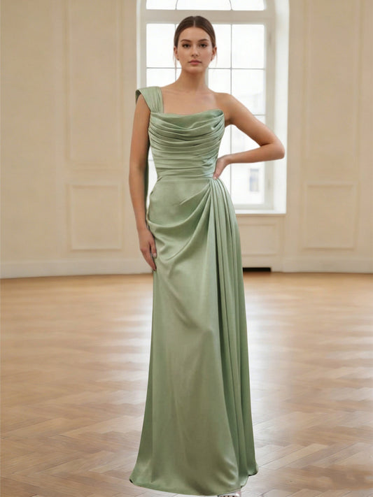 Sheath/Column One-Shoulder Silk Satin Pleated Evening Gown Bridesmaid Dresses Floor-Length Ruched