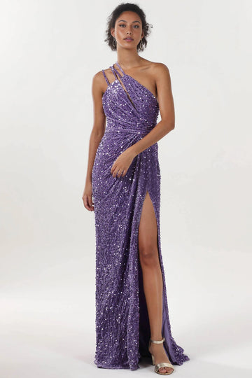 One-shoulder sequin evening gown with asymmetrical straps, ruched bodice, and front slit