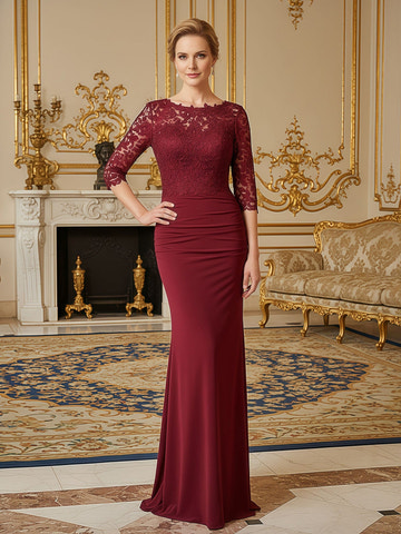 Burgundy Lace Bodice 3/4 Sleeve Dress - Ruched Mermaid Floor-Length Mother of the Bride Formal Gown