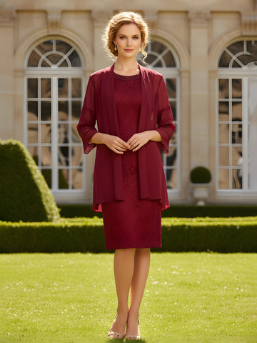 Burgundy Lace Sheath Dress with Chiffon Jacket Beaded Neckline Mother of the Bride Formal Gown