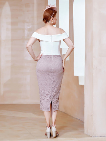 Dusk Off-the-Shoulder Two-Tone Dress Lace Sheath Midi Mother of the Bride Formal Gown