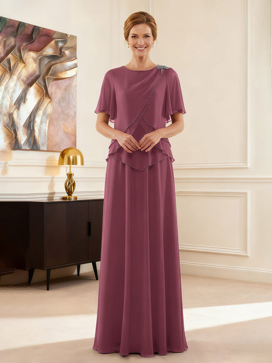 Elegant Dusty Rose Mother of the Bride Dress Flutter Sleeves Beaded Accents, Layered Chiffon Floor-Length Gown