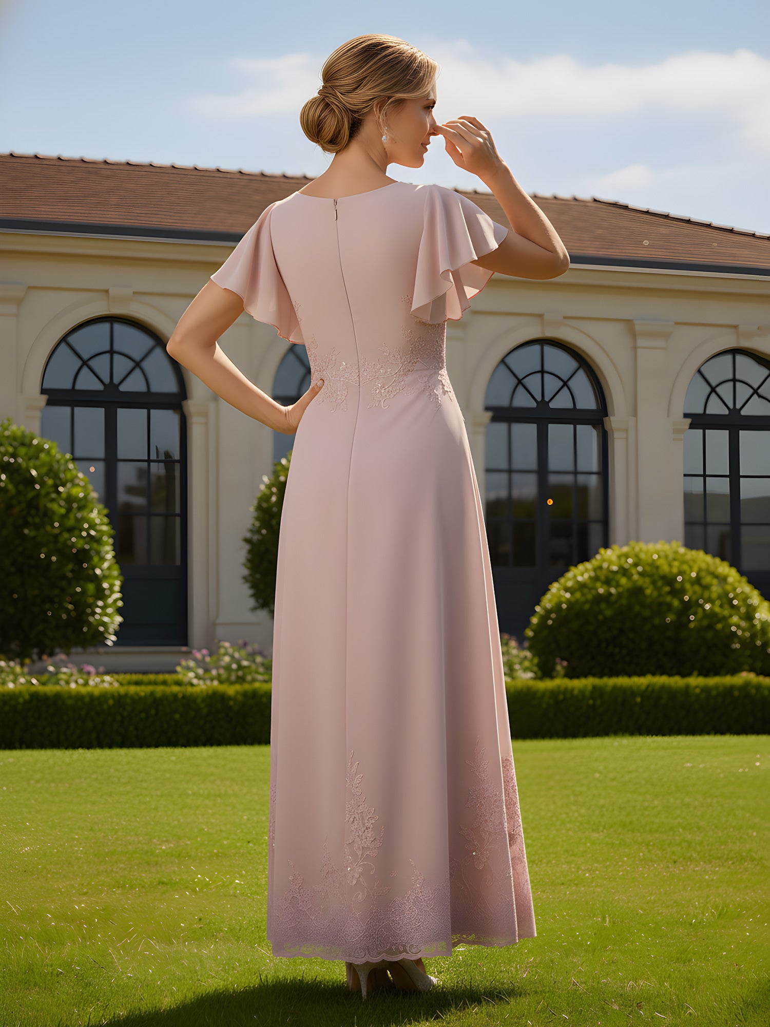 Back view of mother of the groom dress with flutter sleeves, back zipper closure, embroidered lace detail, chiffon overlay, and A-line skirt