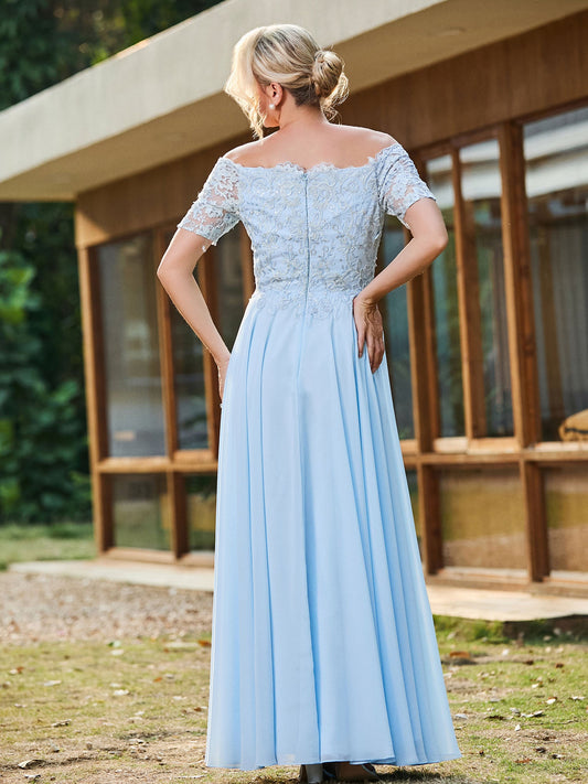 Elegant Light Blue Mother of the Bride Dress - Off-the-Shoulder, Lace Bodice, Chiffon A-Line Floor-Length Gown