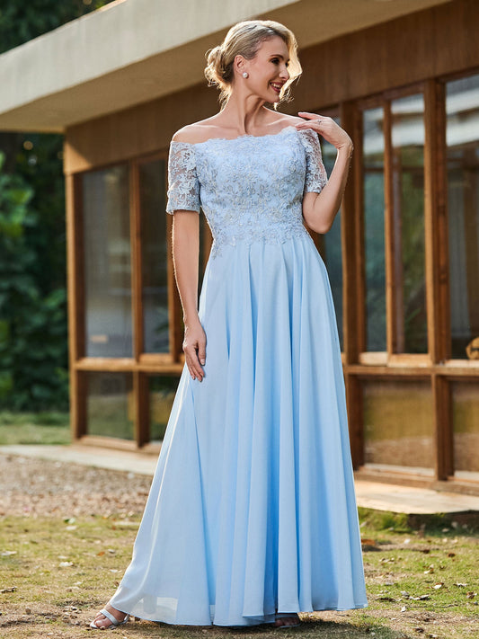 Elegant Light Blue Mother of the Bride Dress - Off-the-Shoulder, Lace Bodice, Chiffon A-Line Floor-Length Gown