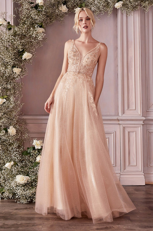 Women's Blush Champagne Sequin Tulle Prom Dress Spaghetti Strap V-Neck A-Line Formal Evening Gown