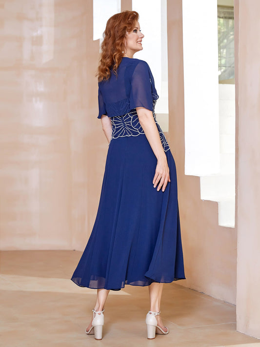 Elegant Navy Blue Mother of the Bride Dress Beaded Bodice Chiffon Jacket, Midi Mermaid Gown