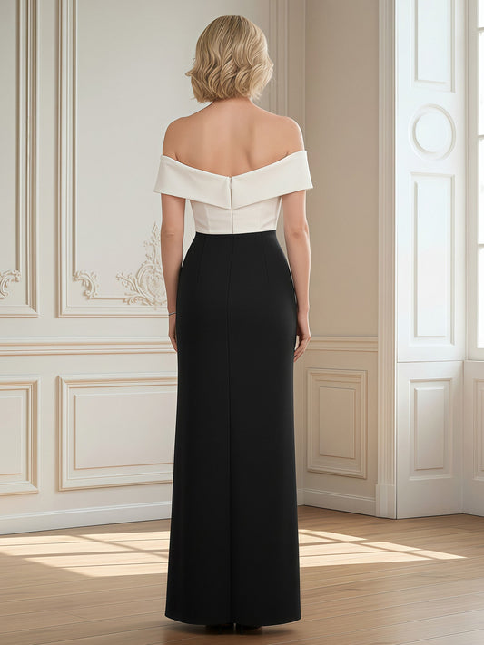 Elegant Black White Mother of the Bride Dress Off-the-Shoulder Contrast Bodice Ruched Side Slit Floor-Length Gown