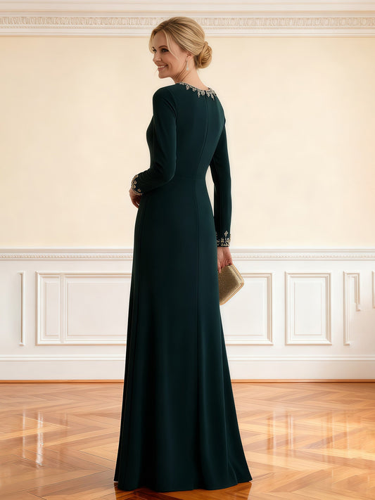 Elegant Emerald Green Mother of the Bride Dress - Long Sleeve, Beaded Neck & Cuffs, Ruched Floor-Length Gown