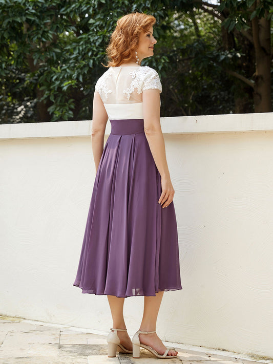 Elegant Dusty Purple Mother of the Bride Dress - Lace Bodice, Chiffon Skirt, Cap Sleeve Midi Gown