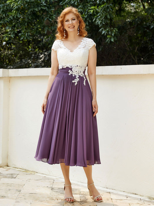 Elegant Dusty Purple Mother of the Bride Dress - Lace Bodice, Chiffon Skirt, Cap Sleeve Midi Gown