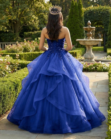 Vedress royal blue quinceañera dress, corset lace up back strapless gown with cascading ruffle tulle