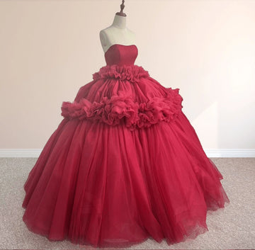 Burgundy Ball Gown Strapless Sleeveless Lace Up Back Long Quinceañera Dress