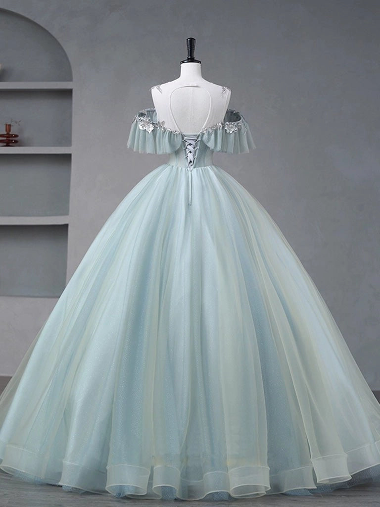 Vedress baby blue quinceañera dress lace-up corset back off shoulder glitter tulle ballgown back view