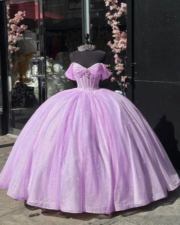 Lavender Ballgown Sweetheart Off-shoulder Lace-up Back Sweep Train Quinceañera Dress