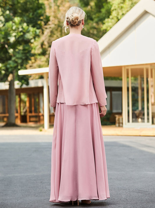Elegant Dusty Pink Mother of the Bride Dress - Lace Bodice, Chiffon Jacket, Floor-Length A-Line Gown