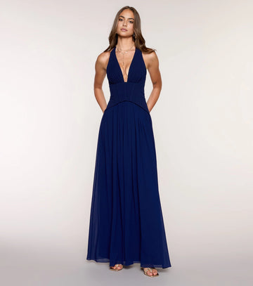 Vedress navy halter deep v long prom dress a-line chiffon gown with side pockets