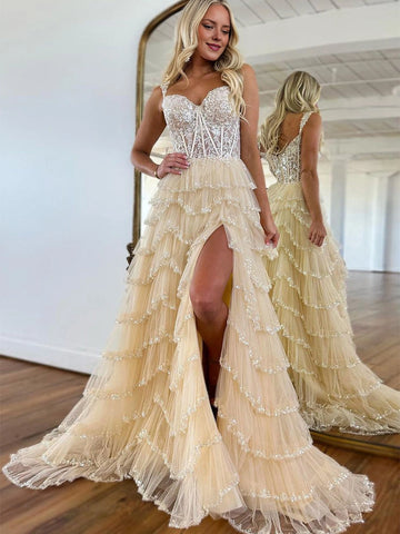 Elegant A-Line Sweetheart Off-Shoulder Embellished Tiered High-Low Prom Dress