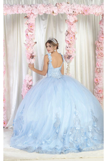 Light blue Quinceañera dress with lace-up back and floral tulle skirt