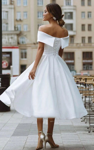 Elegant A line Off Shoulder Cap Sleeve Lace Up Midi Civil Wedding Dress