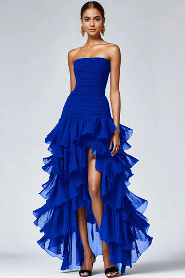 Vedress Black Strapless Smocked Tiered High Slit High Low Mesh Long Prom Dress