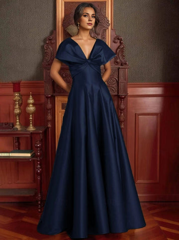 Luxurious A-Line Deep V Cap Sleeve Zip Back Long Prom Dress
