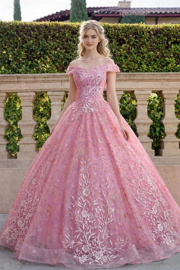 Pastel Ballgown Off Shoulder Short Sleeve Lace Up Back Floor Prom Dress