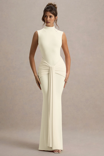Vestido maxi sin mangas de cuello alto con nudo fruncido estilo sirena